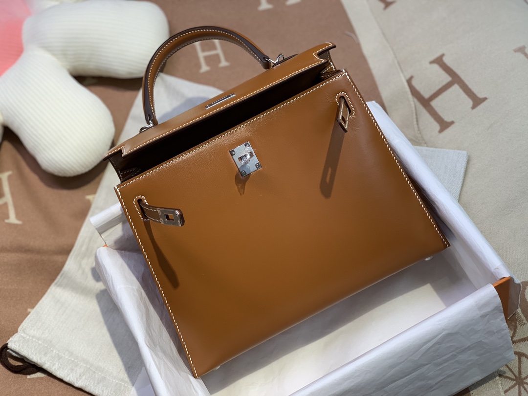 Hermes Kelly 25cm Handbag Shoulder Bag in Brown Box Leather